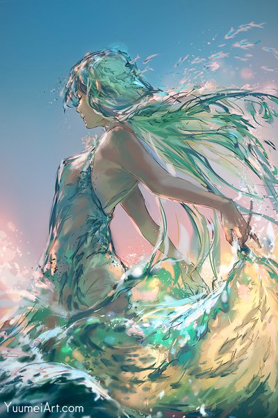 Anime picture 1080x1620 with original yuumei single long hair tall image fringe standing bare shoulders holding signed sky outdoors eyes closed profile wind aqua hair partially submerged evening pinky out liquid hair
