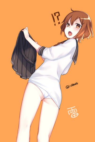 Anime picture 1181x1748 with kantai collection ikazuchi destroyer lio (rumei2265874644) single tall image blush fringe short hair open mouth light erotic simple background hair between eyes brown hair brown eyes signed ahoge ass looking back from below character names