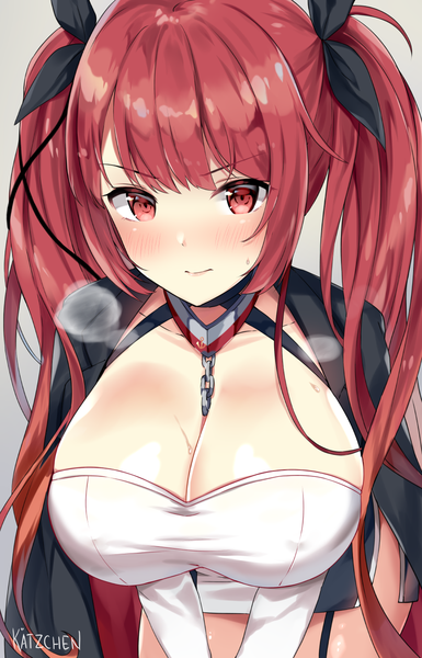 Anime picture 868x1351 with azur lane honolulu (azur lane) kaetzchen single long hair tall image looking at viewer blush fringe breasts light erotic red eyes large breasts twintails signed payot cleavage red hair leaning leaning forward