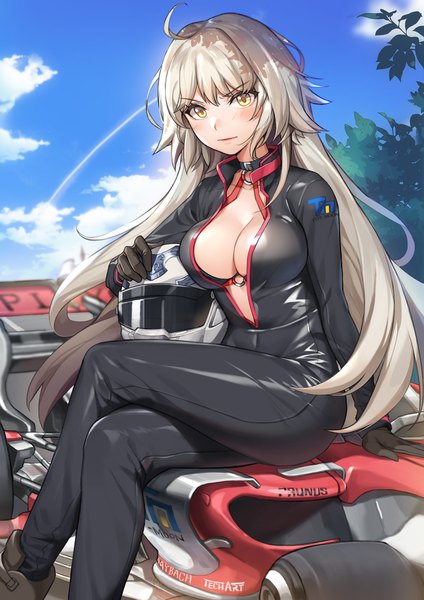 Anime picture 1228x1736 with fate (series) fate/grand order jeanne d'arc (fate) (all) jeanne d'arc alter (fate) piyo (pixiv 2308057) single long hair tall image looking at viewer blush fringe breasts light erotic hair between eyes large breasts sitting holding yellow eyes sky cleavage