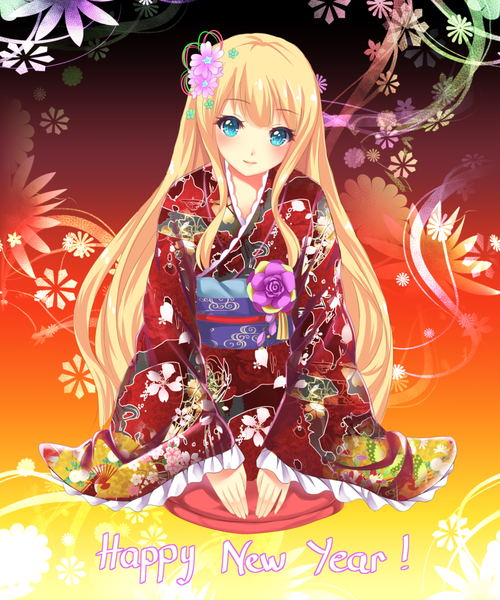 Anime picture 833x1000 with original kalentine (lostangelvn) single long hair tall image blush blue eyes blonde hair traditional clothes japanese clothes hair flower light smile inscription new year happy new year girl hair ornament flower (flowers) belt yukata