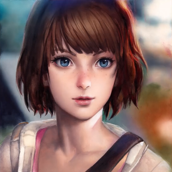 Anime picture 1082x1080 with life is strange max caulfield laovaan single short hair blue eyes brown hair looking away upper body light smile lips blurry realistic portrait girl