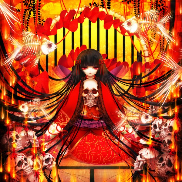 Anime picture 1000x1000 with original rinko (mg54) single long hair looking at viewer black hair red eyes traditional clothes japanese clothes skeleton girl ribbon (ribbons) hair ribbon kimono obi skull candle (candles)