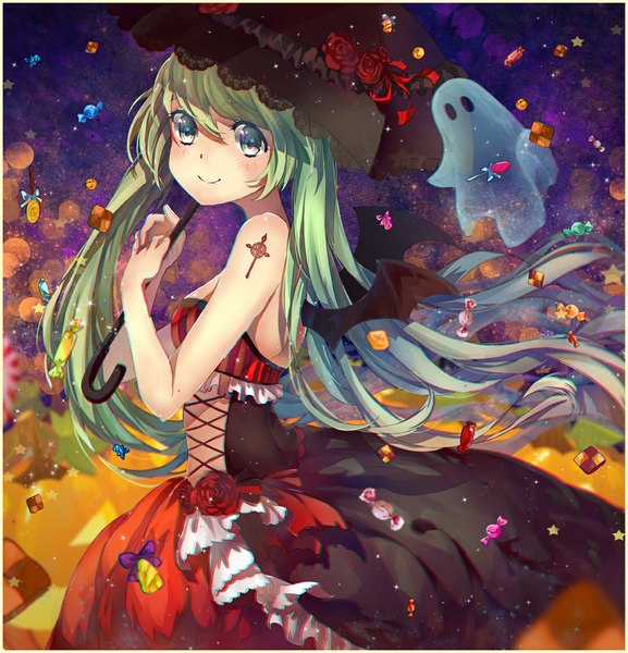 Anime picture 1116x1160 with vocaloid hatsune miku teka single tall image looking at viewer blush smile twintails very long hair aqua eyes aqua hair halloween girl dress food sweets umbrella cookie (cookies)