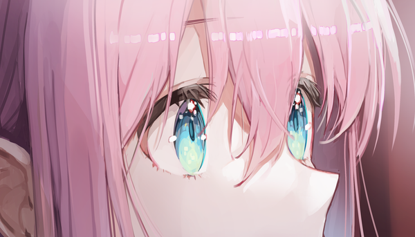 Anime picture 3220x1841 with bocchi the rock! cloverworks gotou hitori misyune single fringe highres hair between eyes wide image looking away pink hair aqua eyes close-up girl
