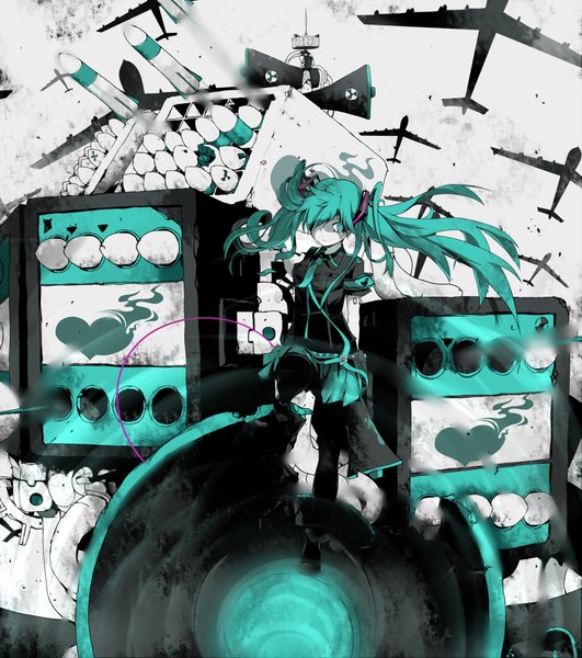 Anime picture 1595x1800 with vocaloid koi wa sensou (vocaloid) hatsune miku ogipote single long hair tall image fringe twintails green eyes aqua eyes green hair hair over one eye girl weapon necktie heart aircraft airplane megaphone