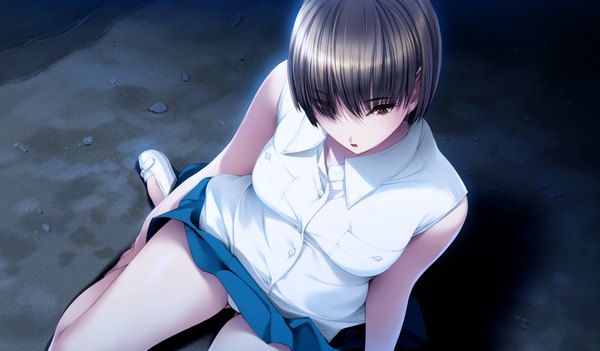 Anime picture 1024x600 with jokei kazoku karasawa anri ichikawa saasha single fringe short hair open mouth light erotic brown hair wide image sitting brown eyes game cg from above hair over one eye pantyshot sleeveless wariza looking down girl