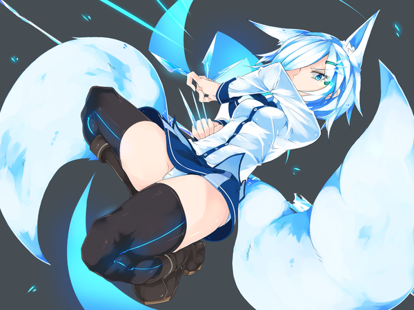 Anime picture 1600x1200 with original korigitsune single looking at viewer fringe short hair blue eyes light erotic simple background animal ears blue hair bent knee (knees) tail animal tail multicolored hair hair over one eye grey background from below zettai ryouiki fox ears