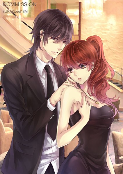 Anime picture 705x1000 with original sukiblog long hair tall image short hair breasts standing bare shoulders brown eyes purple hair ponytail red hair lips couple girl dress boy necktie black dress pendant