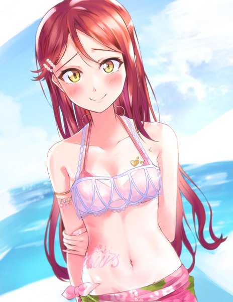 Anime picture 2449x3164 with love live! sunshine!! sunrise (studio) love live! sakurauchi riko shaka (staito0515) single long hair tall image looking at viewer blush fringe highres breasts light erotic smile hair between eyes bare shoulders yellow eyes sky cleavage