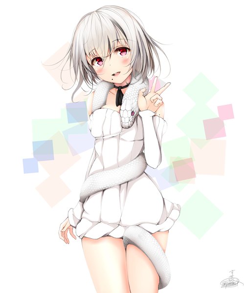 Anime picture 1248x1500 with original suzume (simple0091) single tall image blush fringe short hair open mouth simple background hair between eyes red eyes standing white background bare shoulders signed silver hair head tilt :d mole bare legs