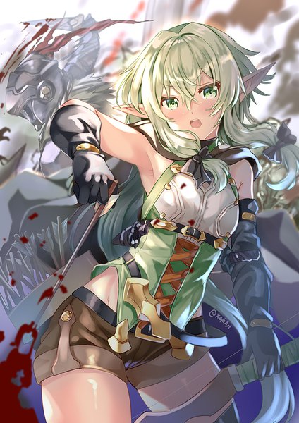 Anime picture 707x1000 with goblin slayer! white fox high elf archer (goblin slayer!) goblin slayer xephonia long hair tall image looking at viewer blush fringe open mouth hair between eyes standing holding green eyes signed payot outdoors :d green hair