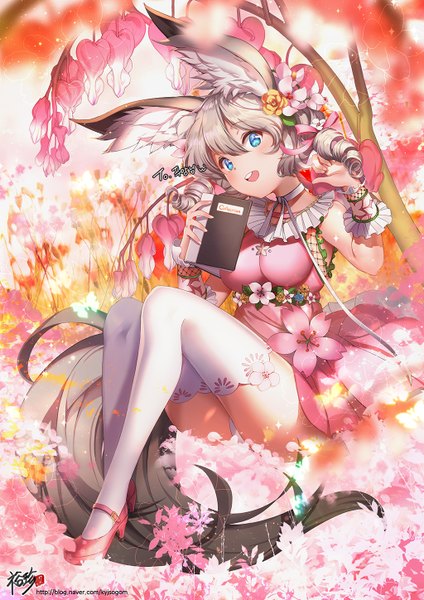 Anime picture 1024x1448 with blade & soul lyn (blade & soul) kyjsogom single long hair tall image looking at viewer blush fringe breasts open mouth light erotic hair between eyes sitting twintails holding signed animal ears full body bent knee (knees)