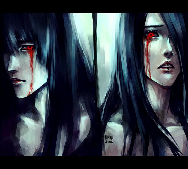 Anime picture 1000x900 with original mara (original character) morana (original character) nanfe long hair looking at viewer fringe open mouth black hair red eyes multiple girls signed looking away lips hair over one eye light letterboxed pale skin sad eyes