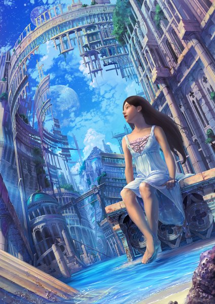 Anime picture 1414x2000 with original reishin single long hair tall image brown hair sitting sky cloud (clouds) bent knee (knees) barefoot lips crossed legs ruins girl dress plant (plants) water planet