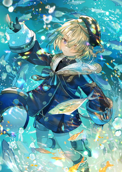 Anime picture 2480x3508 with genshin impact freminet (genshin impact) zishengtian123 single tall image fringe highres short hair blonde hair purple eyes one eye closed from above hair over one eye underwater boy gloves animal beret bubble (bubbles) fish (fishes)