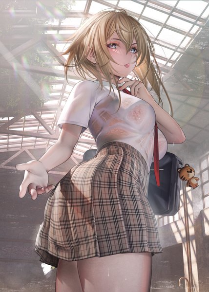 Anime picture 2976x4175 with original nanaken nana single tall image looking at viewer blush fringe highres short hair breasts open mouth blue eyes light erotic blonde hair hair between eyes standing indoors pleated skirt from below short sleeves