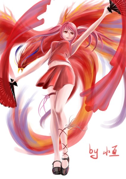 Anime picture 2480x3508 with original shou kou (artist) single long hair tall image highres simple background red eyes white background twintails bare shoulders pink hair lips legs girl skirt navel animal bird (birds) fan