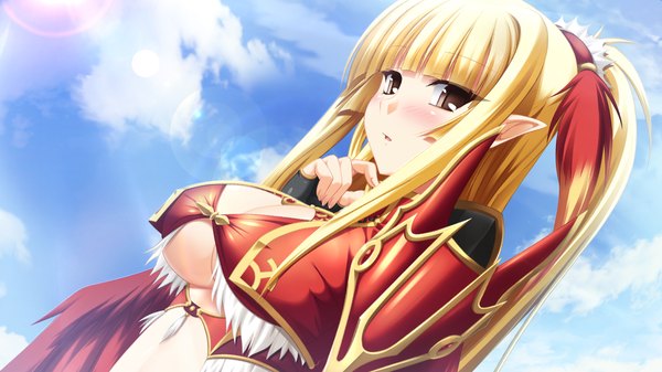 Anime picture 1024x576 with kamidori alchemy meister seravalwie endorse long hair breasts light erotic blonde hair wide image twintails brown eyes game cg pointy ears alternate costume alternate hairstyle girl