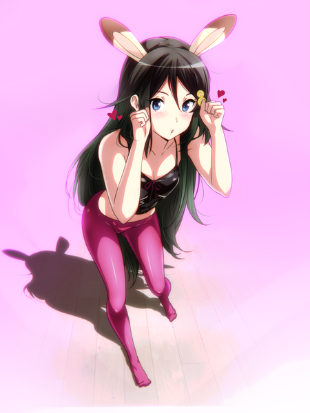 Anime picture 900x1200 with musaigen no phantom world izumi reina sbel02 single long hair tall image looking at viewer blush open mouth blue eyes light erotic black hair animal ears shadow bunny ears pink background girl pantyhose