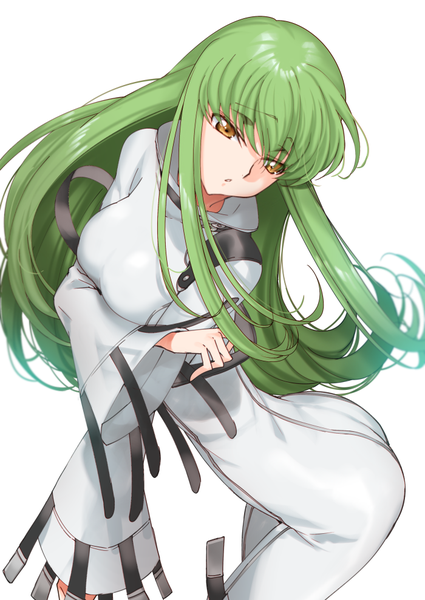 Anime picture 700x988 with code geass sunrise (studio) c.c. creayus single long hair tall image fringe breasts simple background hair between eyes standing white background brown eyes payot ass parted lips green hair wide sleeves leaning