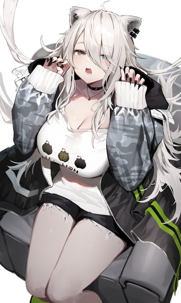 Anime picture 1362x2272 with virtual youtuber hololive shishiro botan shishiro botan (4th costume) yuuuuu single long hair tall image fringe breasts light erotic simple background hair between eyes large breasts white background sitting animal ears cleavage silver hair ahoge