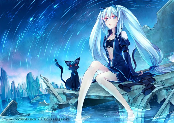 Anime picture 1132x800 with original kirishima lei mikuni (mikunik) long hair fringe blue eyes sitting twintails bare shoulders animal ears blue hair looking away bent knee (knees) barefoot cat ears bare belly bare legs no shoes facial mark blue background