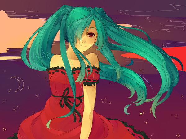 Anime picture 2000x1500 with vocaloid hatsune miku single fringe highres smile red eyes twintails bare shoulders sky cloud (clouds) very long hair hair over one eye aqua hair girl dress ribbon (ribbons)