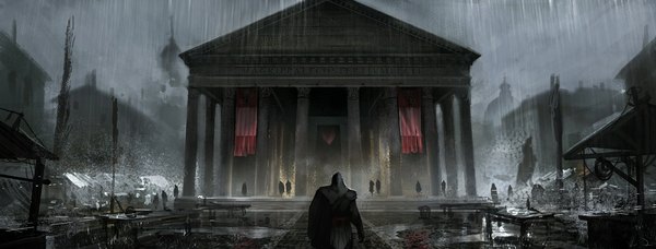 Anime picture 1190x454 with assassin's creed (game) wide image from behind boy hood building (buildings) cloak pillar column banner