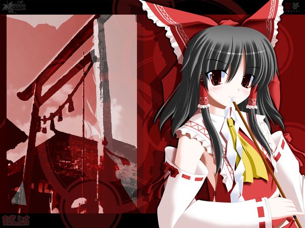 Anime picture 1600x1200 with touhou hakurei reimu side b single looking at viewer blush black hair red eyes upper body japanese clothes miko girl hair ornament bow hair bow detached sleeves necktie torii