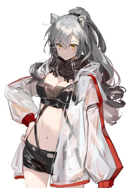 Anime picture 1500x2200 with arknights schwarz (arknights) karasu btk single long hair tall image fringe light erotic simple background hair between eyes standing white background animal ears yellow eyes cleavage ponytail grey hair open jacket hand on hip girl