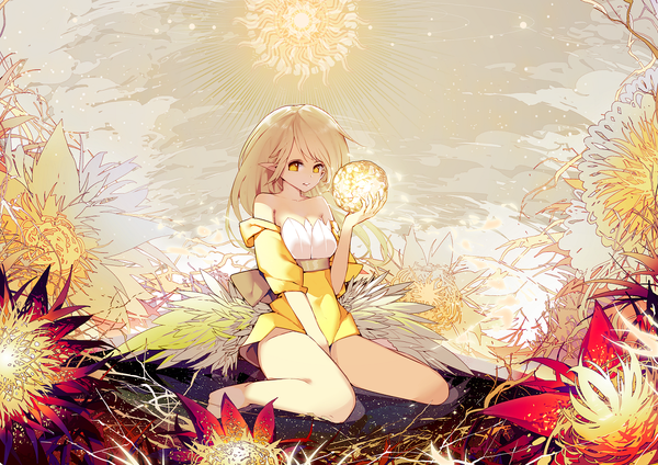 Anime picture 1316x930 with original ajahweea single long hair looking at viewer fringe breasts light erotic blonde hair smile sitting bare shoulders holding yellow eyes payot sky cloud (clouds) full body outdoors parted lips