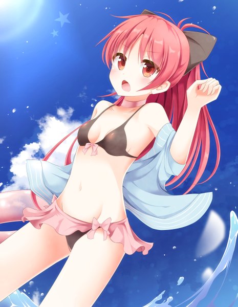 Anime picture 951x1228 with mahou shoujo madoka magica shaft (studio) sakura kyouko aibumi single long hair tall image looking at viewer open mouth light erotic red eyes pink hair sky cloud (clouds) ponytail :o girl bow swimsuit hair bow