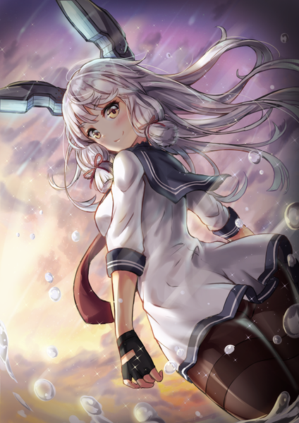 Anime picture 1059x1500 with kantai collection murakumo destroyer cenangam single long hair tall image looking at viewer blush fringe breasts light erotic smile standing yellow eyes sky silver hair cloud (clouds) ass looking back from behind