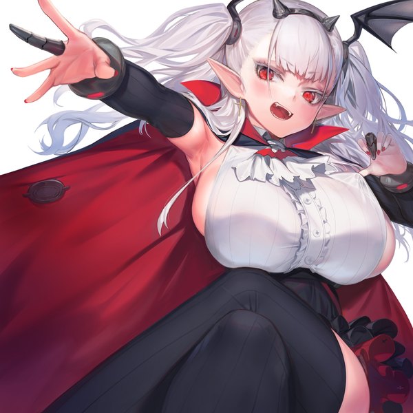 Anime picture 1773x1773 with last origin draculina (last origin) jam (nandade) single long hair looking at viewer blush fringe highres breasts open mouth light erotic simple background smile red eyes large breasts white background sitting silver hair nail polish