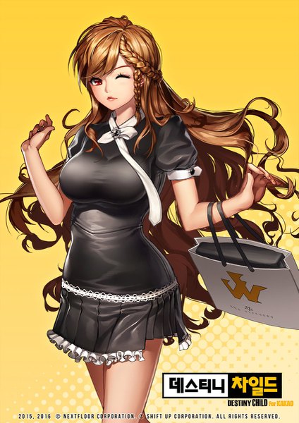 Anime picture 849x1200 with destiny child rheez (artist) single long hair tall image looking at viewer red eyes brown hair braid (braids) one eye closed wink yellow background girl dress bag