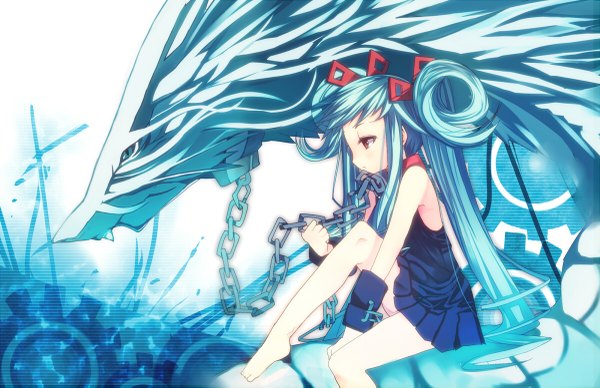Anime picture 1200x777 with jubeat ryoushi no umi no rintovurumu torinegimiso (artist) single long hair red eyes bare shoulders blue hair barefoot loli no shoes girl hair ornament bracelet chain collar sundress dragon