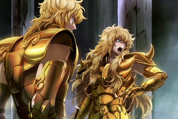 Anime picture 900x600 with saint seiya toei animation scorpio milo leo aiolia joka (night gate) long hair fringe open mouth blue eyes blonde hair looking away nail polish multiple boys turning head boy armor 2 boys claws pillar column