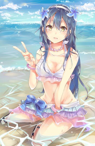 Anime picture 1200x1829 with love live! school idol project sunrise (studio) love live! sonoda umi takitou single long hair tall image looking at viewer blush breasts open mouth light erotic large breasts sitting bare shoulders yellow eyes blue hair sky cleavage
