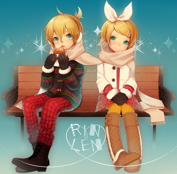 Anime picture 1000x982 with vocaloid kagamine rin kagamine len momoshiki tsubaki looking at viewer blush fringe short hair open mouth blonde hair smile hair between eyes sitting full body ahoge ponytail aqua eyes sparkle character names plaid skirt
