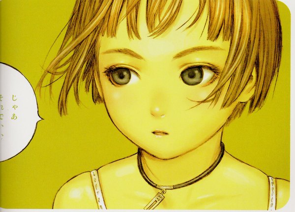Anime picture 2024x1460 with robot (manga) range murata single highres short hair simple background blonde hair portrait face yellow background girl collar