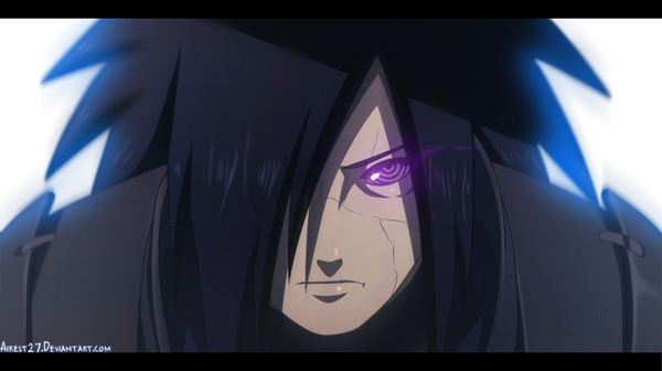 Anime picture 1577x885 with naruto studio pierrot naruto (series) uchiha madara airest27 single long hair fringe black hair simple background wide image white background purple eyes hair over one eye coloring glowing close-up face glowing eye (eyes) rinnegan