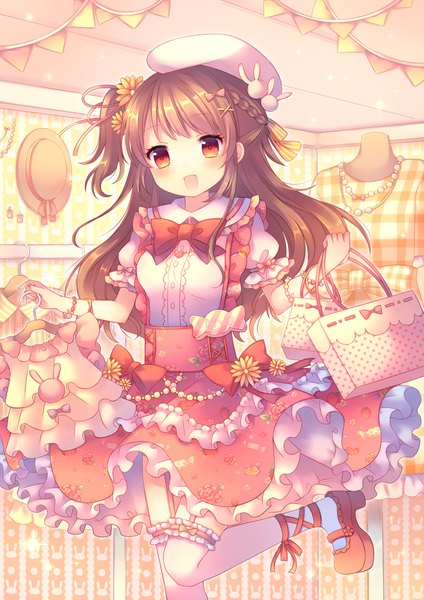 Anime picture 1050x1485 with original moe2016 pjrmhm coa single long hair tall image looking at viewer blush open mouth red eyes brown hair one side up girl thighhighs dress hair ornament white thighhighs frills bag x hair ornament