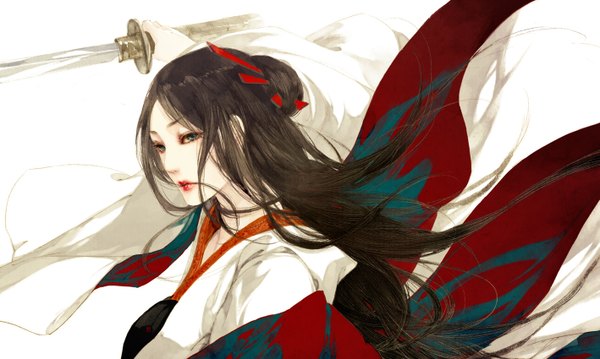 Anime picture 1417x850 with original ibuki satsuki single long hair black hair wide image green eyes traditional clothes japanese clothes traditional media hair in mouth girl weapon sword kimono katana