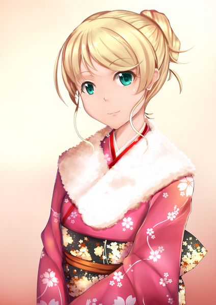 Anime picture 1240x1754 with new horizon ellen baker chiyo goya single tall image looking at viewer short hair blue eyes blonde hair traditional clothes japanese clothes light smile girl kimono obi fur-trimmed kimono