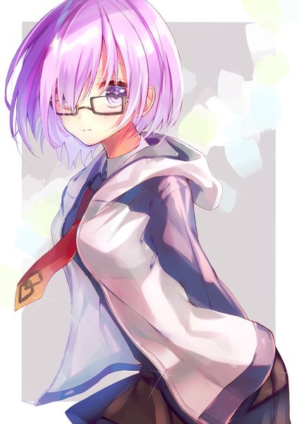 Anime picture 1024x1448 with fate (series) fate/grand order mash kyrielight tyanotya single tall image looking at viewer fringe short hair purple eyes purple hair hair over one eye border hands behind back girl glasses necktie hood hoodie