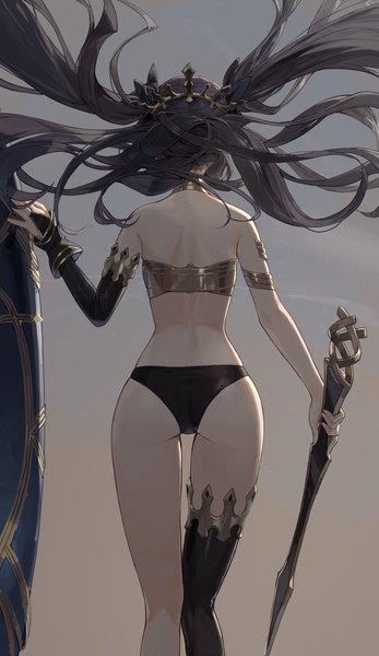 Anime picture 3272x5654 with fate (series) fate/grand order ishtar (fate) cotta (heleif) single long hair tall image highres light erotic black hair simple background absurdres ass wind from behind grey background two side up girl thighhighs underwear