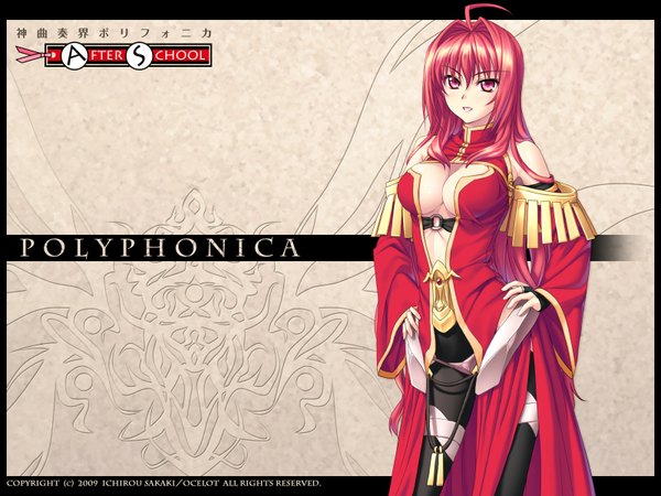 Anime picture 1600x1200 with shinkyoku soukai polyphonica corticarte apa lagranges single looking at viewer breasts open mouth light erotic large breasts red hair very long hair pink eyes inscription girl thighhighs dress gloves black thighhighs detached sleeves elbow gloves red dress