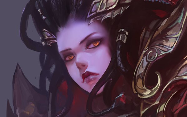 Anime picture 1280x800 with world of warcraft blizzard entertainment lady vashj chenbo single long hair black hair simple background wide image lips realistic grey background orange eyes close-up face purple skin girl armor