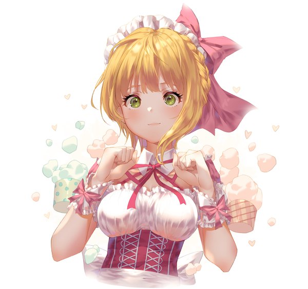 Anime picture 2754x2588 with idolmaster idolmaster cinderella girls miyamoto frederica kinty single looking at viewer blush fringe highres short hair simple background blonde hair white background green eyes upper body underbust little devil maid girl bow hair bow